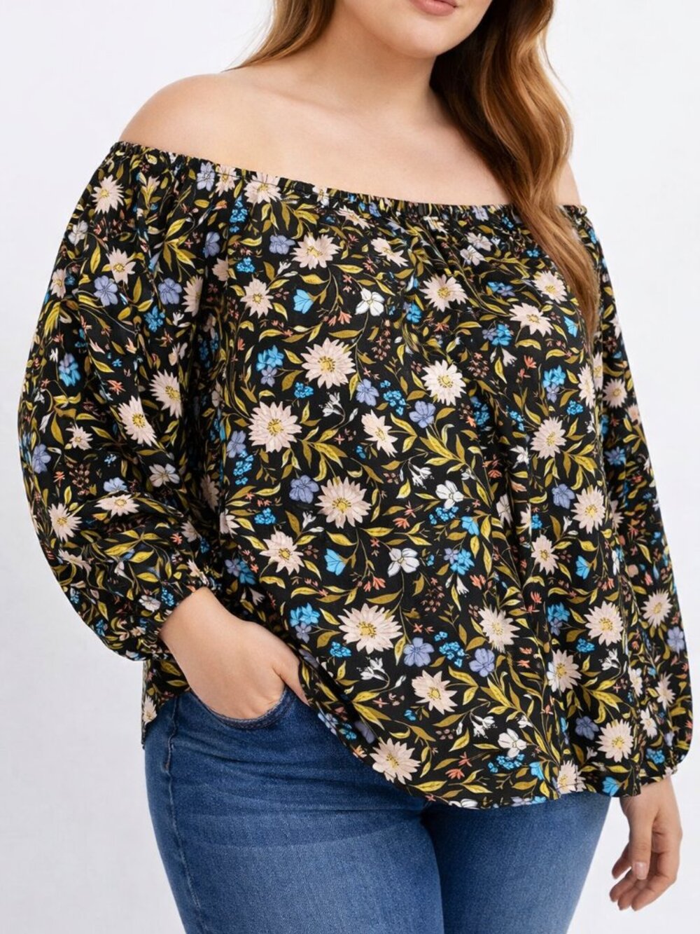 a.n.a Black Floral Off-Shoulder Blouse with Pastel Blooms